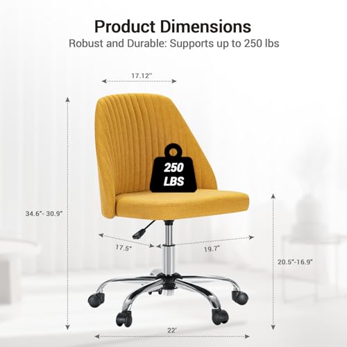 YSSOA Office Desk Chair with Back and Wheels Computer Fabric Chair Armless Adjustable Height Comfy Vanity Chair with Swivel Rolling Home Chairs