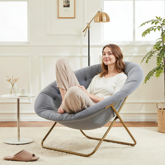 YSSOA Saucer Chair, Comfy Faux Fur Chair for Bedroom, Saucer Chairs for Adults, Teens, Round Shaped Moon Chair with Foldable Metal Frame