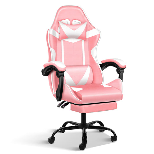 Gaming Chair with Footrest, Height Adjustable & 90°-135° Tilt Function, Swivel Recliner Ergonomic Racing Style Video Game Chair with Lumbar Support (1-Pink/White with Footrest)