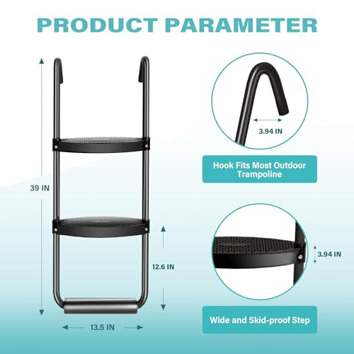 Simple Deluxe Trampoline Ladder with Horizontal and Wide Steps, 12FT 14FT Trampoline Ladder for Kids/Children 2-Steps Trampoline Stairs Universal Hook UV Treated Steel 220 lbs Trampoline Parts