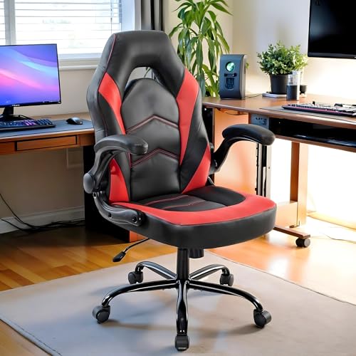Simple Deluxe Gaming Chair - Ergonomic PU Leather with 90° Flip-Up Arms, 360° Swivel Computer Desk Chair for Compact Spaces, Esports, Home Office(Black Red)