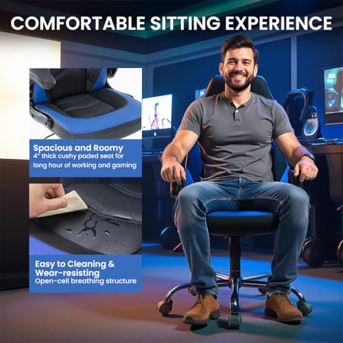 Simple Deluxe Gaming Chair - Ergonomic PU Leather with 90° Flip-Up Arms, 360° Swivel Computer Desk Chair for Compact Spaces, Esports, Home Office(Black Blue)