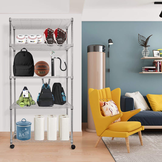 HealSmart Heavy Duty 5-Tier Height Adjustable Metal Shelving Unit, 36'' L x 14'' W x 61.02'' H, Chrome (HKSHLF36146005CV4)