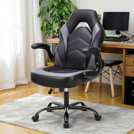Simple Deluxe Gaming Chair - Ergonomic PU Leather with 90° Flip-Up Arms, 360° Swivel Computer Desk Chair for Compact Spaces, Esports, Home Office(Black/Grey)
