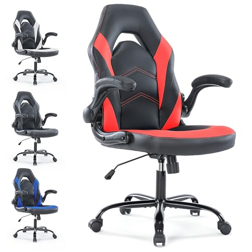 Simple Deluxe Gaming Chair - Ergonomic PU Leather with 90° Flip-Up Arms, 360° Swivel Computer Desk Chair for Compact Spaces, Esports, Home Office(Black Red)