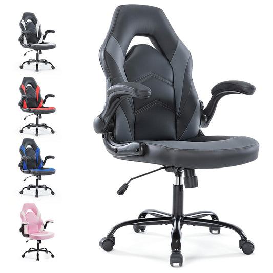 Simple Deluxe Gaming Chair - Ergonomic PU Leather with 90° Flip-Up Arms, 360° Swivel Computer Desk Chair for Compact Spaces, Esports, Home Office(Black/Grey)