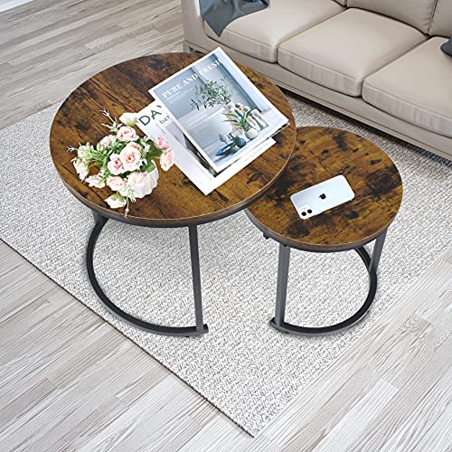 YSSOA Nesting Set of 2 for Living Room Balcony Office, Round Wood Accent Side Coffee Tables with Sturdy Metal Frame, Easy Assembly, Rustic Brown