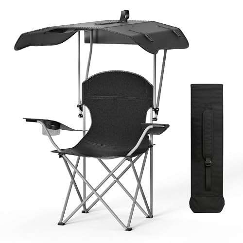 Portable Folding Camping Chair with Canopy Shade, Heavy Duty Lounge Chair Folding Beach Chairs for Adults, Suitable for Outside, Beach and Patio-Support 220 LBS