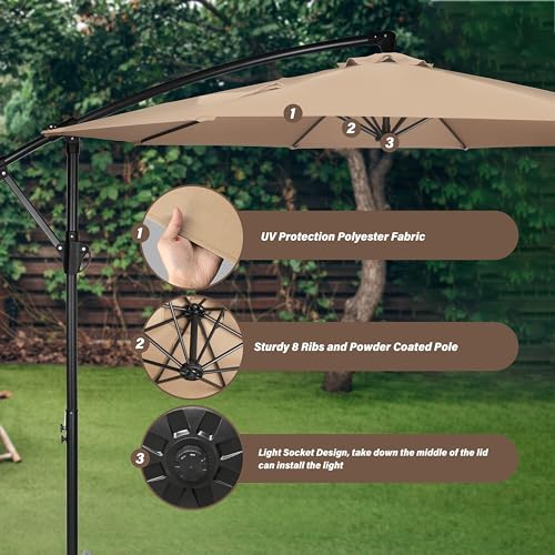 Simple Deluxe 10ft Offset Umbrella Cantilever Patio Hanging Umbrella with Crank & Cross Base Suitable for Garden, Lawn, Tan