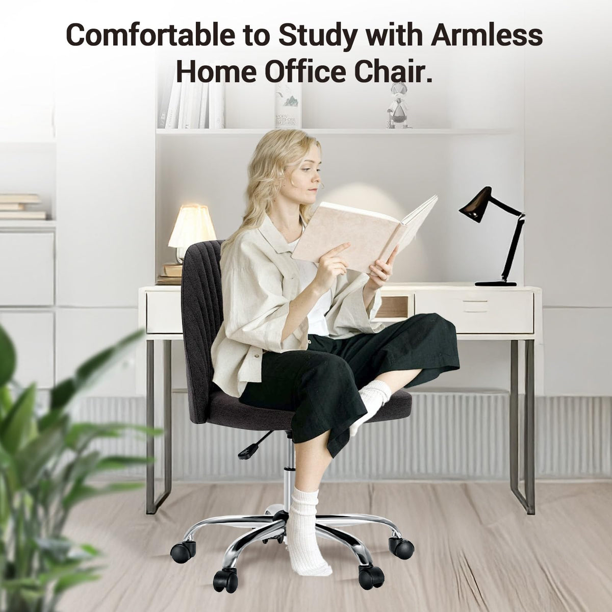 Simple Deluxe Office Desk Chair with Back and Wheels Computer Fabric Chair Armless Adjustable Height Comfy Vanity Chair with Swivel Rolling Home Chairs for Bedroom Adult Dark Grey
