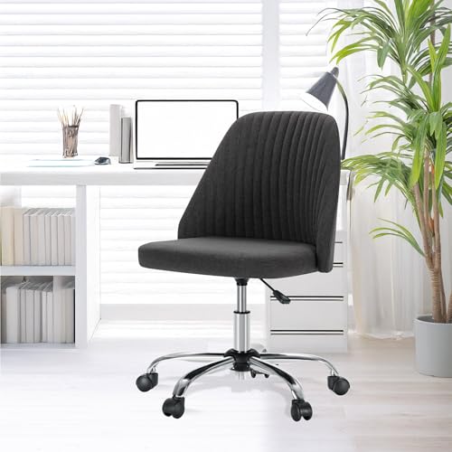 YSSOA Office Desk Chair with Back and Wheels Computer Fabric Chair Armless Adjustable Height Comfy Vanity Chair with Swivel Rolling Home Chairs for Bedroom Adult Dark Grey