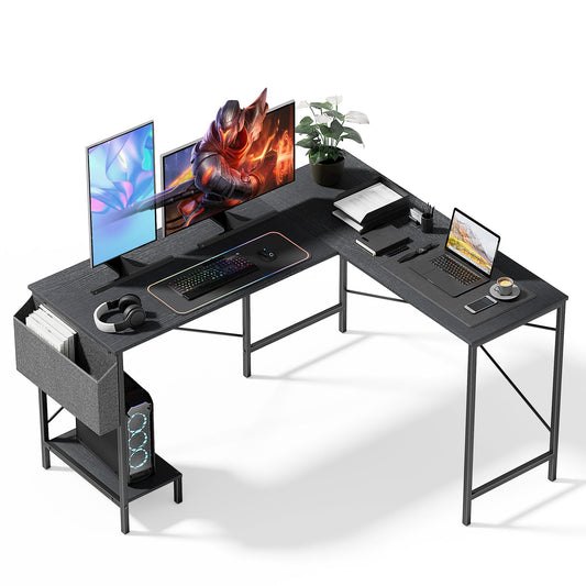 InfiniPower L Shaped Desk Gaming Computer 50 Inch Reversible Corner Table PC Work Table for Writing Study Student with Wood Tabletop Metal Frame CPU Stand Side Bag for Home Office Small Place
