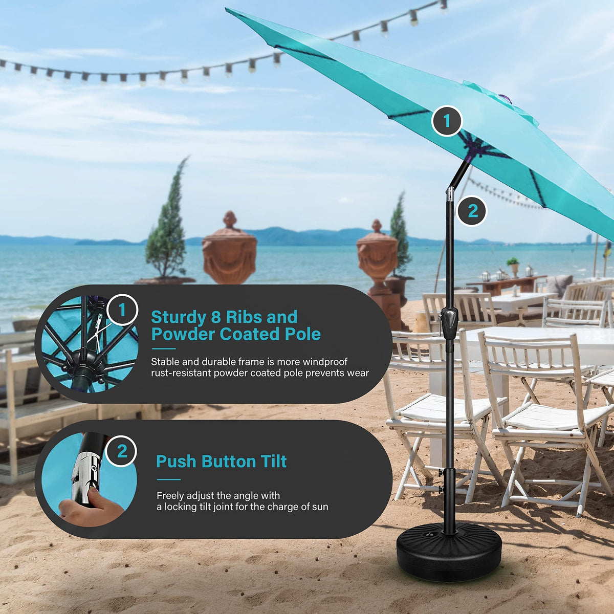 Simple Deluxe Patio Umbrella Outdoor, UV Protection Sunshade with Push Button Tilt/Crank and 8 Sturdy Ribs, for Table Garden Lawn Beach Pool