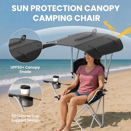 Portable Folding Camping Chair with Canopy Shade, Heavy Duty Lounge Chair Folding Beach Chairs for Adults, Suitable for Outside, Beach and Patio-Support 220 LBS