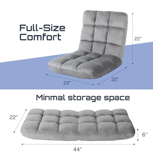 YSSOA Folding Floor Chair with Back Support Comfy Chair Recliner Memory Foam Padded Convertible Sleeper Sofa Chair for Bedroom Gaming Working Meditation Reading Adults Kids Grey
