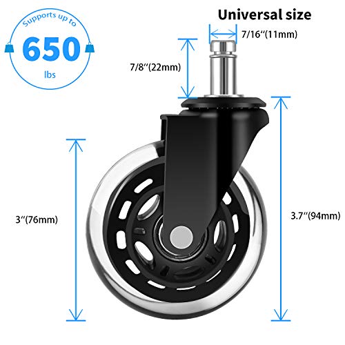 Office Chair Wheels (Set of 5) - Safe for All Floors Including Hardwood - Universal Stem 7/16 Inch