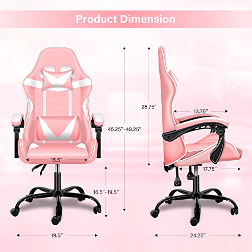 YSSOA Pink Gaming Chair, Big and Tall Gamer Chair, Racing Style Adjustable Swivel Office Chair, Ergonomic Video Game Chairs with Headrest and Lumbar Support