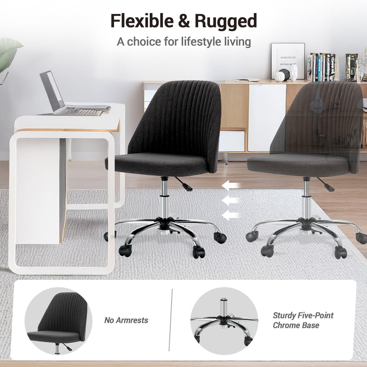 Simple Deluxe Office Desk Chair with Back and Wheels Computer Fabric Chair Armless Adjustable Height Comfy Vanity Chair with Swivel Rolling Home Chairs for Bedroom Adult Dark Grey