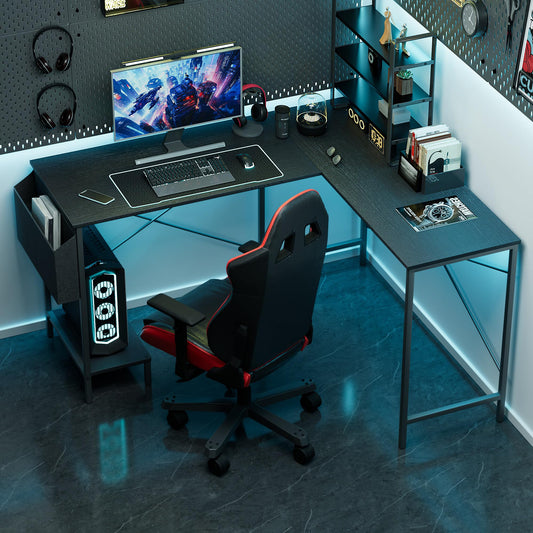 InfiniPower L-Shaped Corner Desk, 50-Inch Reversible Gaming PC Table, Compact Work & Study Station with Metal Frame, CPU Stand, Side Bag
