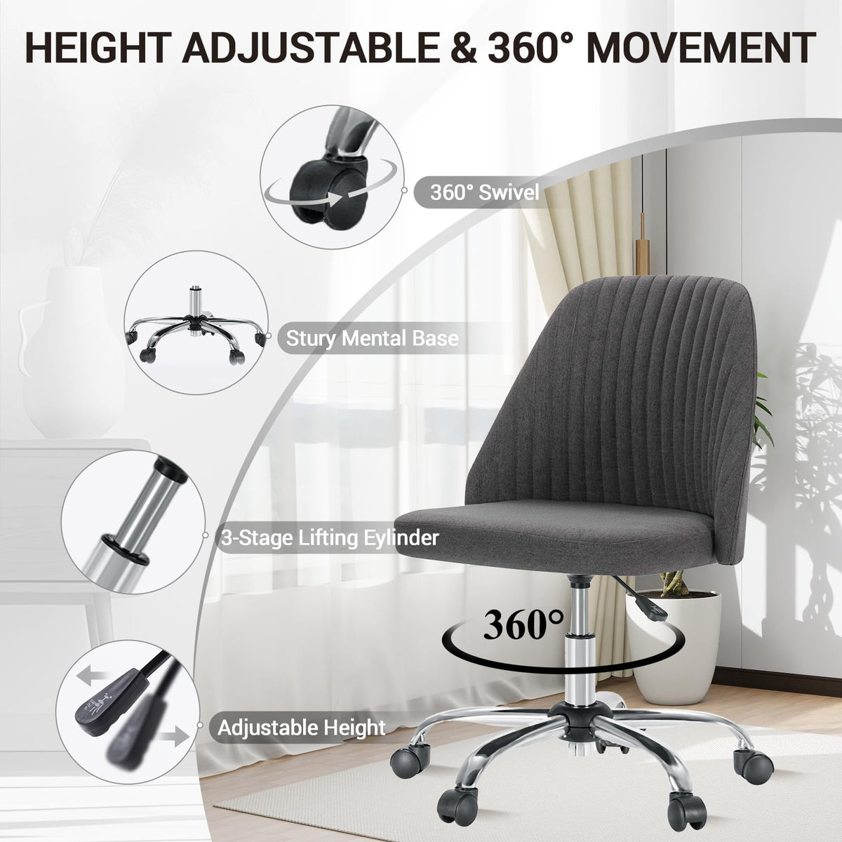 Simple Deluxe Office Desk Chair with Back and Wheels Computer Fabric Chair Armless Adjustable Height Comfy Vanity Chair with Swivel Rolling Home Chairs for Bedroom Adult Dark Grey