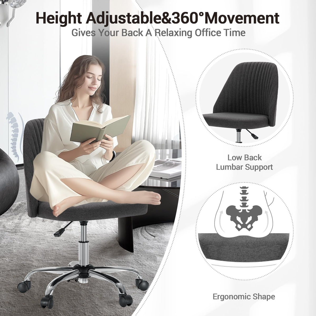 Simple Deluxe Office Desk Chair with Back and Wheels Computer Fabric Chair Armless Adjustable Height Comfy Vanity Chair with Swivel Rolling Home Chairs for Bedroom Adult Dark Grey