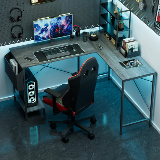 InfiniPower L Shaped Desk Gaming Computer 50 Inch Reversible Corner Table PC Work Table for Writing Study Student with Wood Tabletop Metal Frame CPU Stand Side Bag for Home Office Small Place