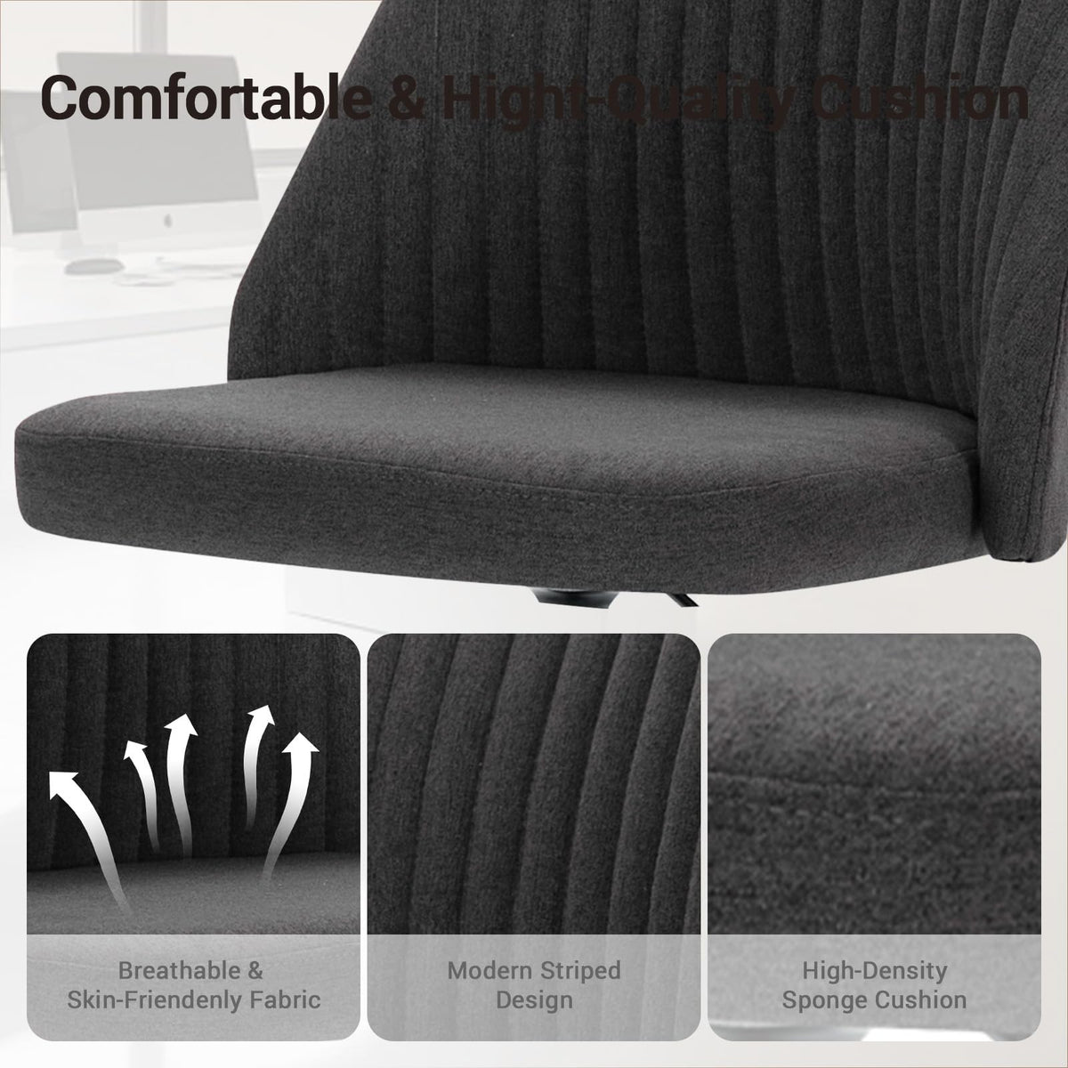 Simple Deluxe Office Desk Chair with Back and Wheels Computer Fabric Chair Armless Adjustable Height Comfy Vanity Chair with Swivel Rolling Home Chairs for Bedroom Adult Dark Grey