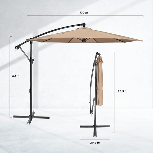 Simple Deluxe 10ft Offset Umbrella Cantilever Patio Hanging Umbrella with Crank & Cross Base Suitable for Garden, Lawn, Tan